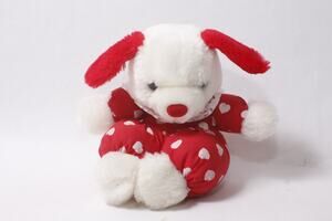 1980s Walmart Red and White Plush Nylon Puppy w White Hearts ~ 260907-WH 1139